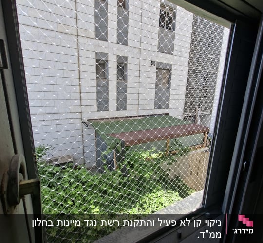 רשת יונים מותקנת על חלון עם נוף חיצוני